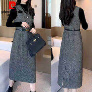 皮爾卡丹（pierre cardin）時(shí)尚女2025秋冬季新款條紋無袖氣質(zhì)背心裙中長款收腰顯瘦毛呢裙子 灰色 2XL 128-138斤