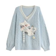 森女部落甜美黃色設計感貓咪刺繡連帽毛衣女2025新款長(cháng)袖寬松上衣 藍色毛衣 L