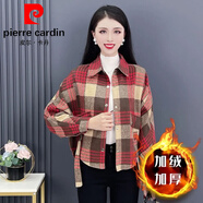 皮爾卡丹（pierre cardin）夾克外套女短款加絨格子秋冬季2026年新款洋氣寬松顯瘦蝙蝠袖襯衫 紅色格子外套 【加絨】 加厚 M 建議【85-100斤】