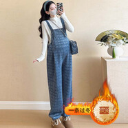 依鎏衣品孕婦裝純棉背帶褲冬季加絨加厚寬松顯瘦吊帶束腳長(zhǎng)褲毛衣保暖套裝 藍(lán)色單件背帶褲0250# XL建議130-145斤