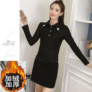 菲尼東爵秋冬新款韓版襯衣領(lǐng)假兩件加絨蕾絲連衣裙修身大碼拼接毛呢包臀裙 加絨加厚__全黑色 S _(80-95斤)