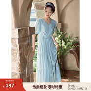 茵曼（INMAN）法式薄荷曼波連衣裙2024夏女裝新品V領(lǐng)燈籠袖抽繩 紺藍(lán)色 L