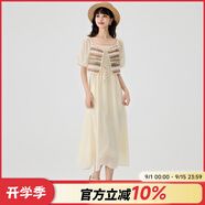 快魚復(fù)古時尚連衣裙2024新款女夏季假兩件設(shè)計拼接系帶泡泡袖長裙 淺米色 L