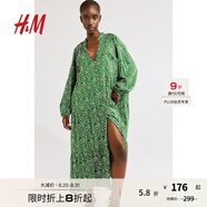 H&M女裝花卉連衣裙夏季海邊度假風印花長袖燈籠袖連身裙1239045 綠色/圖案 建議拍小一碼 M 165/96