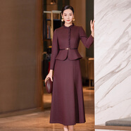 首尚格釋冬季新款連衣裙女時(shí)尚氣質(zhì)喜婆婆婚宴裝花邊領(lǐng)修身假兩件毛呢裙子 紫紅色 3XL