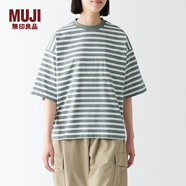 無(wú)印良品（MUJI） Labo 男女通用 天竺編織 T恤 無(wú)性別 男款女款 短袖 煙熏綠色條紋 S-M