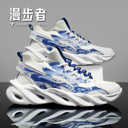 漫步者運動鞋男軟底輕便跑步網(wǎng)鞋秋季新款網(wǎng)面男鞋飛織學生大碼刀鋒鞋子 白藍 40