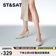 星期六（St&Sat）女鞋石頭紋羊皮革通勤淺口貓跟單鞋 米白色（皮面） 35