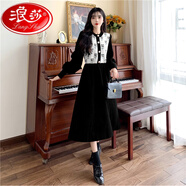 浪莎（LangSha）法式復古碎花拼接燈芯絨連衣裙秋冬加厚針織收腰紅色長(cháng)裙 黑色【新中式國風(fēng)/高端復古/今年流行超好看/氣質(zhì)精 XL 【120-140斤】