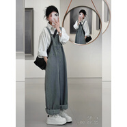 背帶褲秋裝搭配一整套大尺碼胖mm條紋襯衫牛仔抱嬰袋連身褲子韓系 兩件式套裝 M (建議80-100斤)