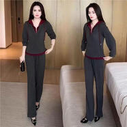 OY今澤和女裝秋季時尚減齡連帽套裝女士運動休閑兩件套薄款上衣褲子 深灰色 XL (建議90-105斤)