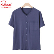 北極絨夏季薄款純棉半袖圓領開衫爸爸中老年短袖家居服睡衣男士上衣單件 灰藍色-短袖上衣 3XL 建議（140-160斤）