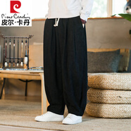 皮爾卡丹100%純棉燈芯絨中國風(fēng)復古闊腿長(cháng)褲男士秋冬民族風(fēng)大碼太極燈籠褲 黑色不加絨 M 100-130斤