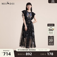 謎底仙女裙2022夏季飛飛袖質(zhì)感收腰顯瘦蕾絲連衣裙222GL0504 黑色花 L