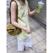 映棠日了個(gè)韓｜寬松顯瘦慵懶風(fēng)簡(jiǎn)約拼接棉麻中長(cháng)款U領(lǐng)無(wú)袖背心連衣裙 黃色 均碼