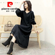 皮爾卡丹（pierre cardin）毛衣裙女韓版拼接大碼針織衫燈籠袖連衣裙過(guò)膝長(cháng)款打底衫女 黑色 M 建議95-110斤