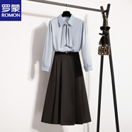 羅蒙職業(yè)春秋復試考研穿搭正式場(chǎng)合通勤教資面試正裝上衣半身裙套裝女 藍色襯衫+黑色半身裙【套裝】 M 【建議95-105斤】