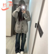 若盼2025秋冬女性灰色毛衣夾克新韓式寬松覆古學(xué)院風(fēng)慵懶中長針織開衫 灰色 M 90-105