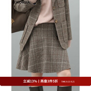 COCOBELLA學(xué)院風(fēng)格紋毛呢半身裙女時(shí)尚荷葉擺氣質(zhì)A字短裙HS921 灰色格 M