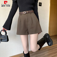 皮爾卡丹（pierre cardin）大碼咖色毛呢闊腿褲子女春秋保暖褲裙小個子a字短褲外穿靴褲裙褲 咖色 【配腰帶】 S