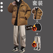 VZVG學(xué)生棉服冬季保暖面包服男士套裝帥氣一整套青少年棉衣搭配三件套 b【3件裝】127棉衣棕色+加絨衛衣 XL