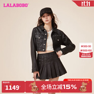 拉拉波波成夢鑫同款LALABOBO新款翻領(lǐng)字母女時(shí)尚短款復(fù)古牛仔夾克機(jī)車外套 黑牛仔 常規(guī) S 