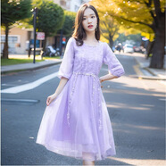 鷺枕（LUZHEN）春夏新款文藝新款七分袖連衣裙女仙氣大擺雪紡網(wǎng)紗 紫羅蘭 L