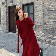 POOLO MEBRDON 保羅蒙巴登實(shí)拍24優(yōu)雅氣質(zhì)連衣裙女早秋季長(zhǎng)袖時(shí)尚棗紅色雙皺休閑長(zhǎng)裙潮流 酒紅色 M