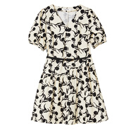 OEMG紫淑女裝商場(chǎng)同款紫淑V領(lǐng)印花短袖連衣裙女2025夏新款氣質(zhì)收腰A字 樹(shù)影花 L