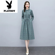 花花公子（PLAYBOY）今年流行連衣裙2025年新款女裝秋季中長(cháng)款長(cháng)袖溫柔棉麻碎花裙子潮 天藍色 M (建議95-105斤 高品質(zhì))