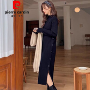 皮爾卡丹（pierre cardin）針織連衣裙秋冬大碼女裝配大衣高領(lǐng)打底裙寬松洋氣長(zhǎng)款毛衣裙過膝 黑色 XL