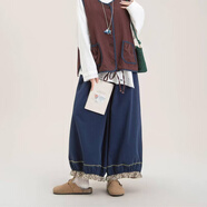 蘑菇同學(xué)森女日系拼接碎花刺繡燈籠褲女士秋季寬松休閑減齡棉質(zhì)九分闊腿褲 藏青色 M 建議95-115斤 