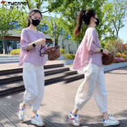 啄木鳥(niǎo)時(shí)尚襯衫套裝2025夏季新款遮肉顯瘦休閑百搭減齡九分哈倫褲兩件套 紫色襯衫+白色休閑褲 XL 110-125