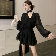 巧丂法式長(cháng)袖襯衫連衣裙女秋季性感百褶雪紡裙胖MM遮肚顯瘦短裙子 黑色 S