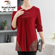 啄木鳥(niǎo)（TUCANO）媽媽裝春秋加肥加大T恤寬松大碼女裝上衣長(cháng)袖中老年民族風(fēng)打底衫 紅色 XL 【建議120-135斤】