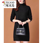 啄木鳥(niǎo)（TUCANO）秋冬新款半高領(lǐng)中長(cháng)款毛衣打底裙修身百搭顯瘦針織連衣裙衫女 黑色 XL