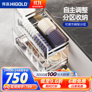 悍高（HIGOLD） 廚房櫥柜拉籃碗架抽屜式碗籃加厚304不銹鋼底板調味籃雙層碗碟籃 800柜2層-PDL1.0系列套裝