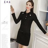 美安嘉2025秋冬新款韓版毛呢連衣裙女加絨蕾絲假兩件襯衣領(lǐng)中裙包臀裙潮 全黑色 加絨 S