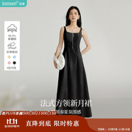 茵曼（INMAN）法式收腰顯瘦方領(lǐng)吊帶連衣裙女裝2025夏季新品長(zhǎng)裙子 黑色 S
