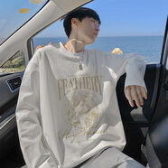 森馬美式高街純棉長(cháng)袖白色t恤男春秋季潮牌寬松男生百搭打底衫上衣服 白色220克純棉面料 3XL (建議160-200斤)