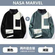 NASA MARVEL針織衫男韓版潮流拼接假兩件襯衫領(lǐng)毛衣男寬松百搭線(xiàn)衣男 8062黑色+湖藍 2XL (約150~190斤可穿)