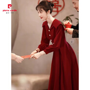皮爾卡丹喜慶敬酒禮服2025秋冬大碼胖mm感訂婚回門(mén)便裝平時(shí)可穿連衣裙 酒紅色 L 【建議100-120斤】