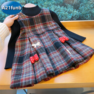 A 21 FUNB2025女童冬季新款毛呢格子加絨背心裙洋氣港風(fēng)連衣裙復古公主裙子 紅黑格子蝴蝶結背心裙(不含毛衣) 170 吊牌90適合90cm