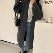 問盞秋冬新款韓系慵懶風(fēng)純色V領(lǐng)開衫女中長款粗針氣質(zhì)開衫毛衣外 深灰色 均碼