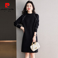 皮爾卡丹（pierre cardin）高端加厚針織亮絲打底連衣裙女秋冬新款小個(gè)子配大衣毛線(xiàn)衣裙子潮 黑色 2XL