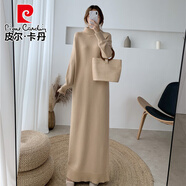 皮爾卡丹（pierre cardin）秋冬高領(lǐng)長袖針織打底連衣裙超長款毛衣裙內(nèi)搭加厚長裙打底衫長款 卡色 XL (建議125-145體重)
