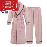 浪莎（LangSha）睡袍女秋冬法蘭絨冬季情侶浴袍男長(cháng)款珊瑚絨晨袍新款睡裙加厚睡衣 F2007櫻花粉 睡袍+褲子 XL