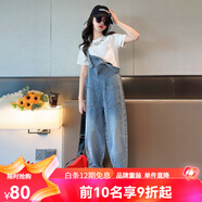迪士尼（Disney）女童牛仔背帶褲套裝夏季2025新款兒童女大童女孩夏裝韓版炸街褲子 領(lǐng)口印花短-袖 130 適合120-130cm年齡7-8歲
