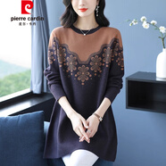 皮爾卡丹（pierre cardin）秋冬季中老年媽裝鑲鉆毛衣女中長(cháng)款打底衫寬松大號女繡花A字裙 紫色 M