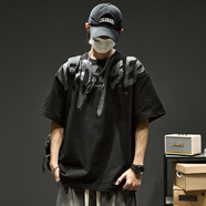 木清清夏季圓領(lǐng)t恤男短袖美式高街潮牌印花上衣男生重磅純棉感半袖 黑色 M (建議80-125斤)